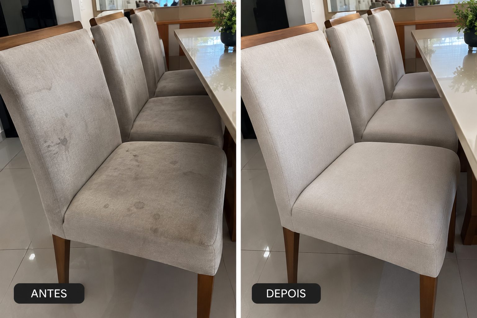 Cadeiras de sala de jantar antes e depois da higienização