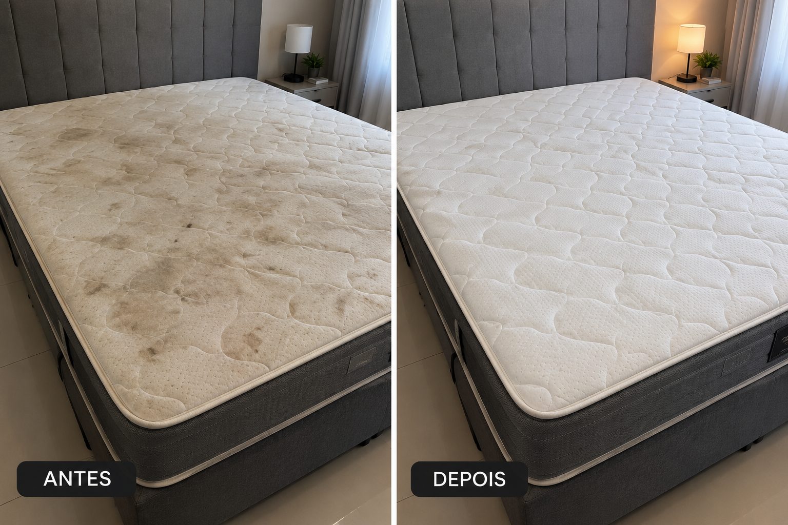 Colchão de casal antes e depois da higienização
