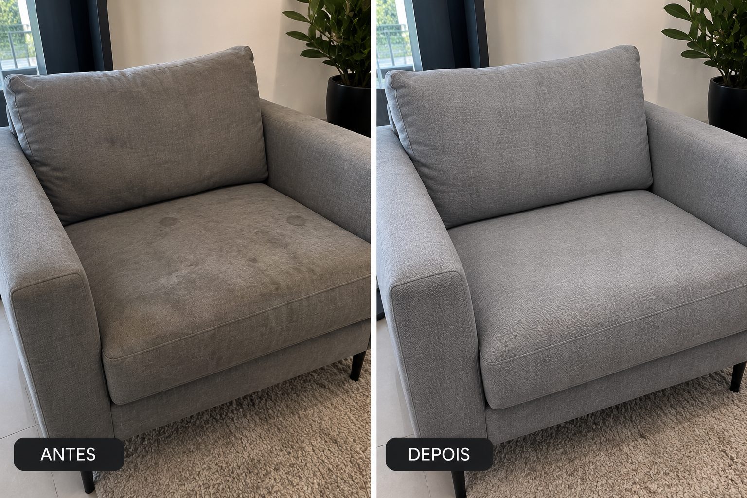 Poltrona antes e depois da higienização