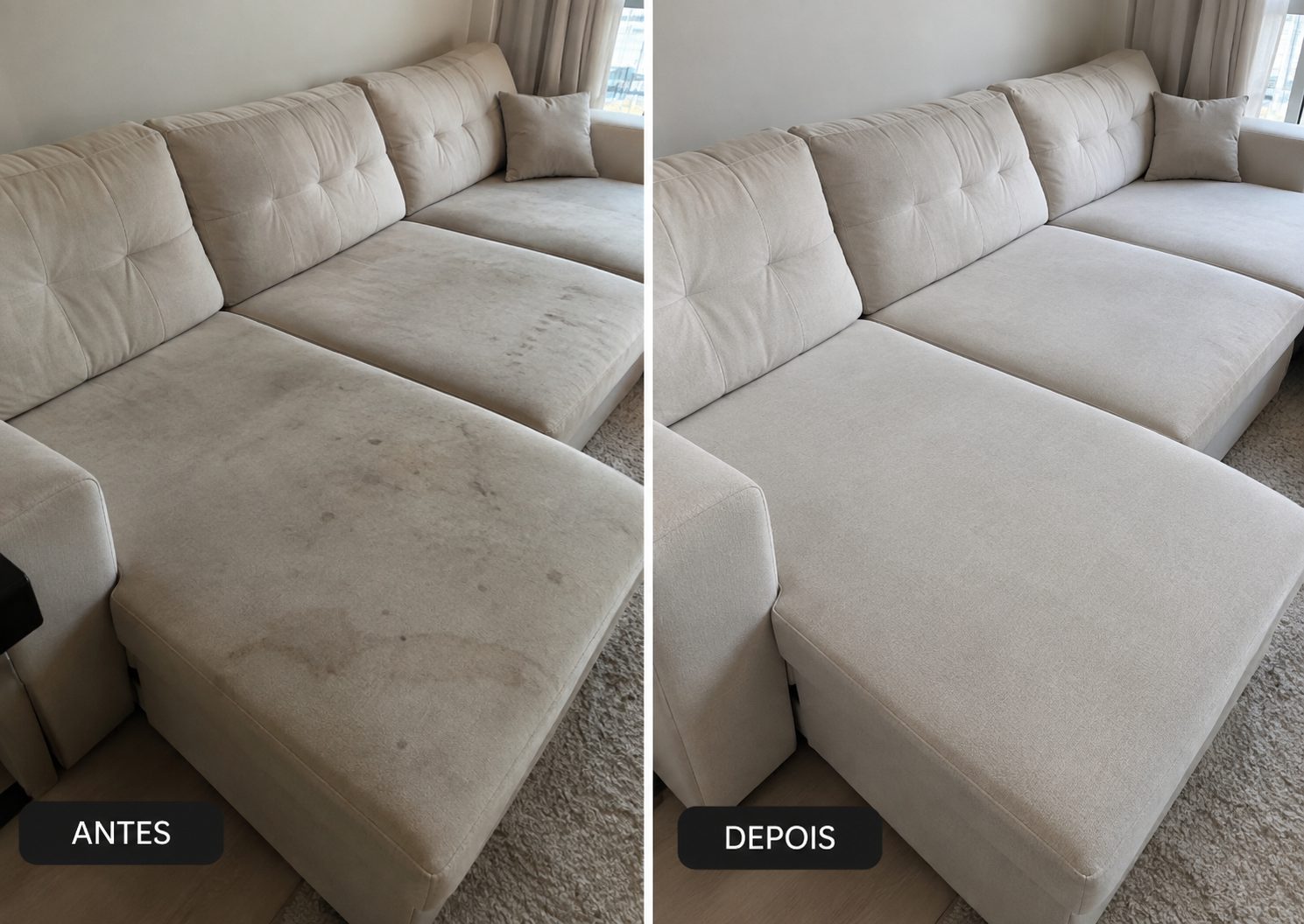 Sofá de canto antes e depois da higienização
